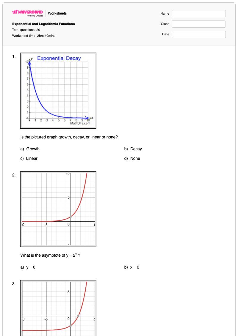 Exponential and Logarithmic Functions - Printable Functions Worksheets - Wayground