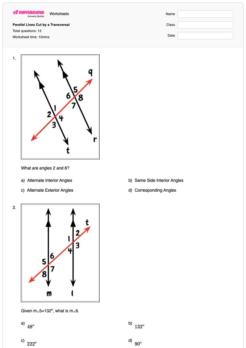 Parallel Lines Cut by a Transversal - พิมพ์ได้ เส้นตัดขวางของเส้นขนาน เวิร์กชีท - Wayground