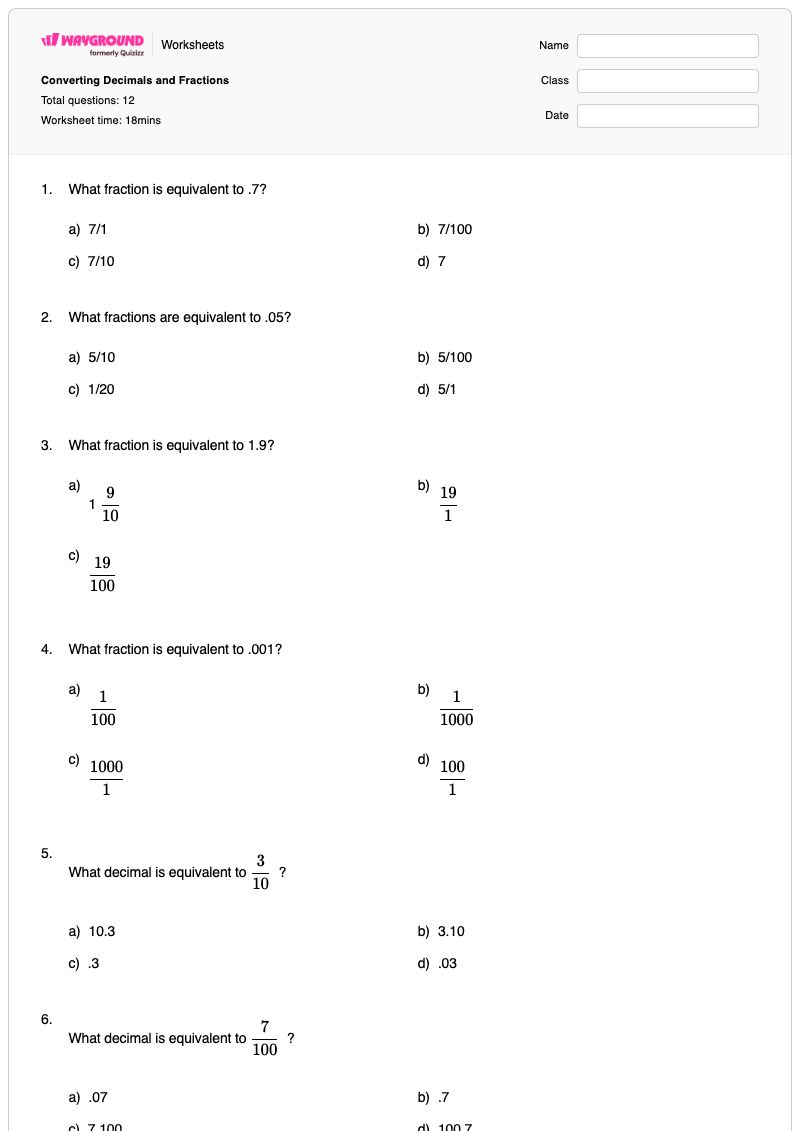 Converting Decimals and Fractions - Printable Converting-decimals-and-fractions Worksheets Class 8 - Wayground