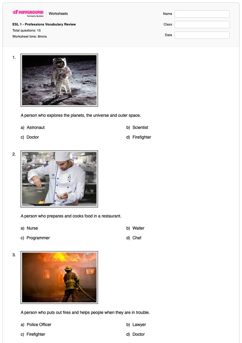 ESL 1 - Professions Vocabulary Review - Printable Jobs-and-occupations Worksheets - Wayground
