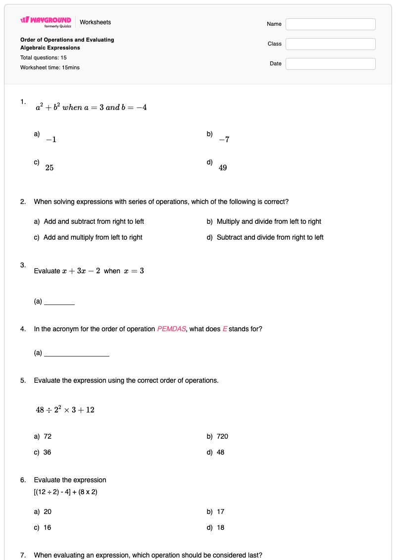 Order of Operations and Evaluating Algebraic Expressions - Printable Algebra Worksheets - Wayground