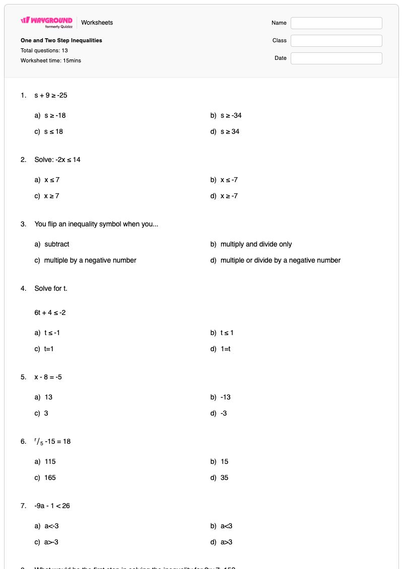 One and Two Step Inequalities - Printable One-step-inequalities Worksheets - Wayground