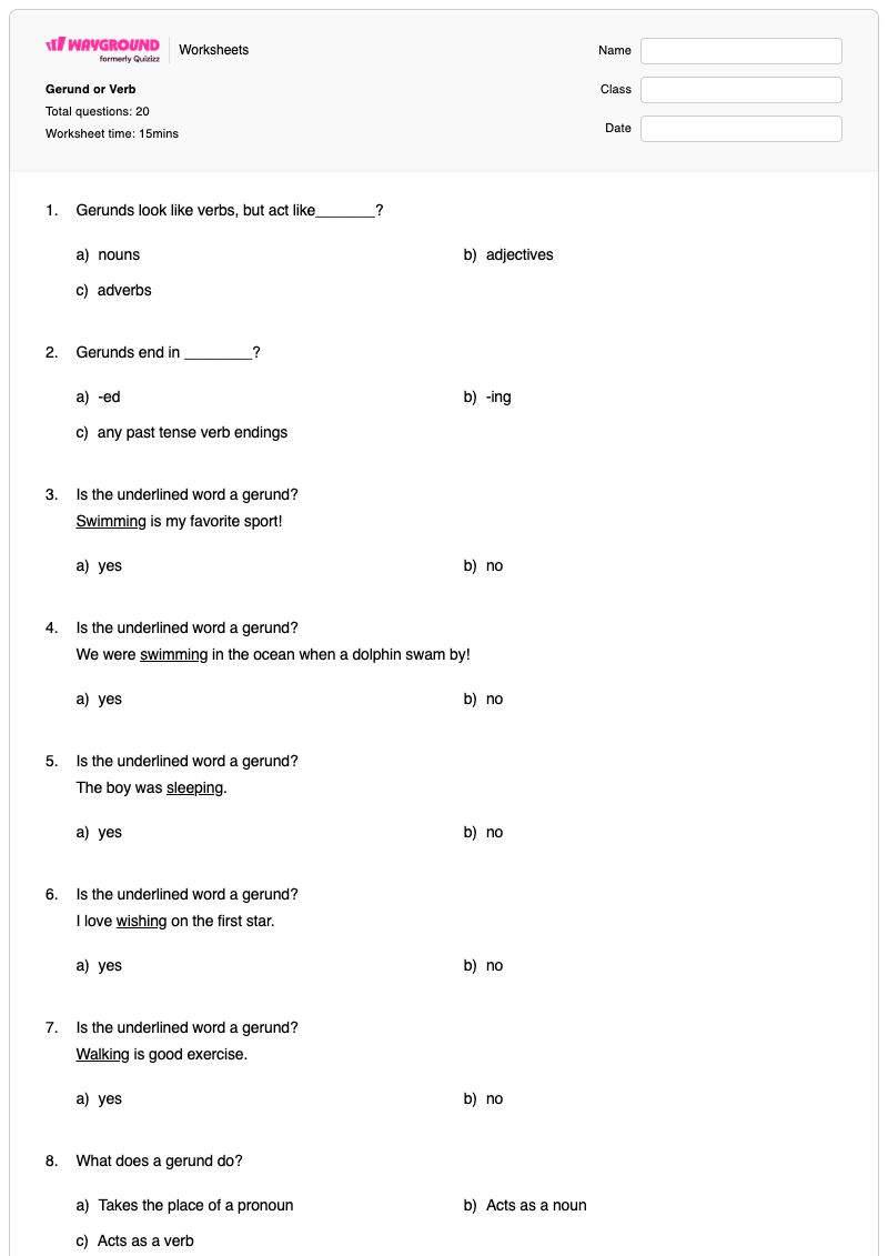 Gerund or Verb - Printable Math Worksheets - Wayground
