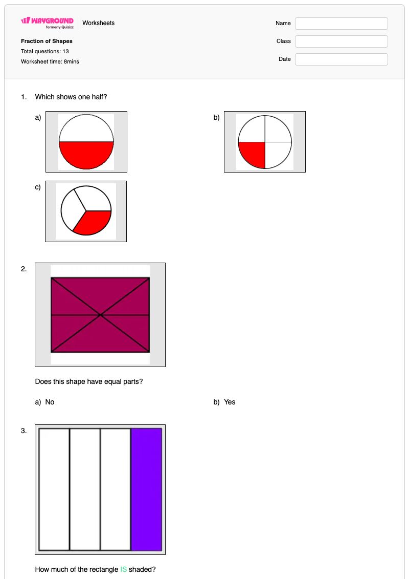 Fraction of Shapes - Printable Fractions Worksheets - Wayground
