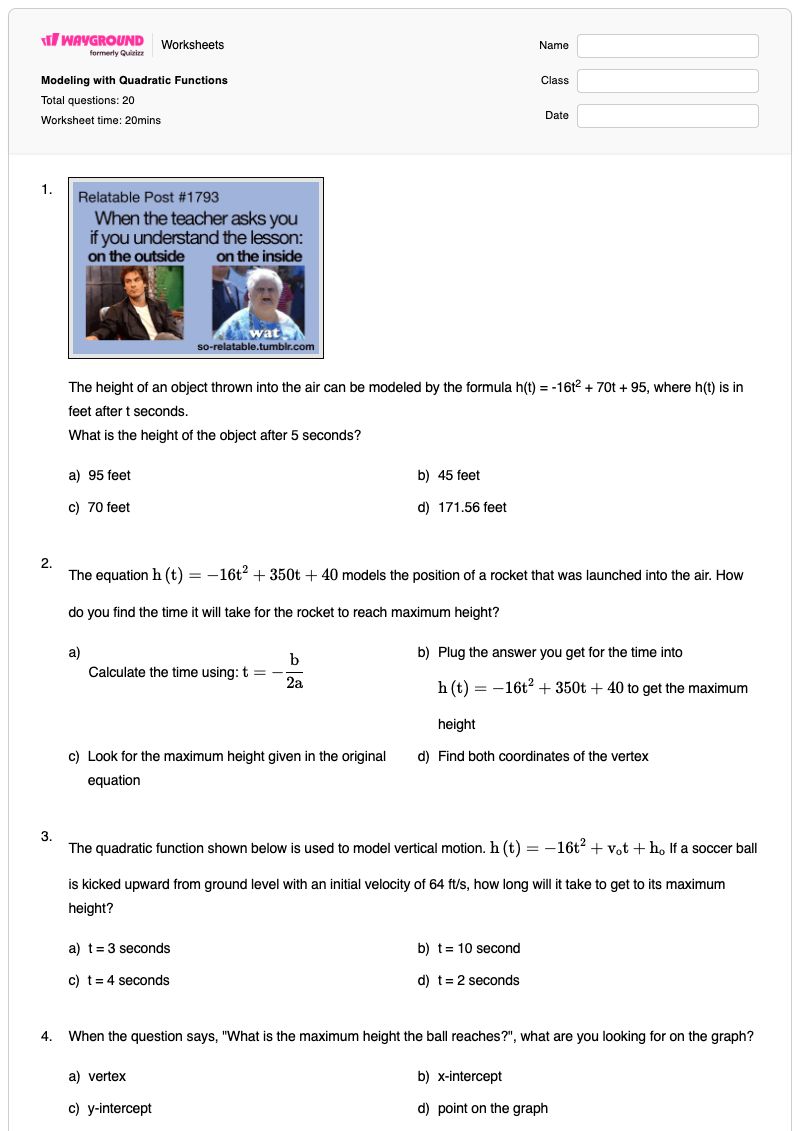 Modeling with Quadratic Functions - Printable Functions Worksheets - Wayground