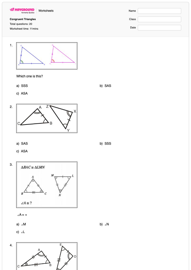 Congruent Triangles - พิมพ์ได้ การจำแนกประเภทสามเหลี่ยม เวิร์กชีท - Wayground
