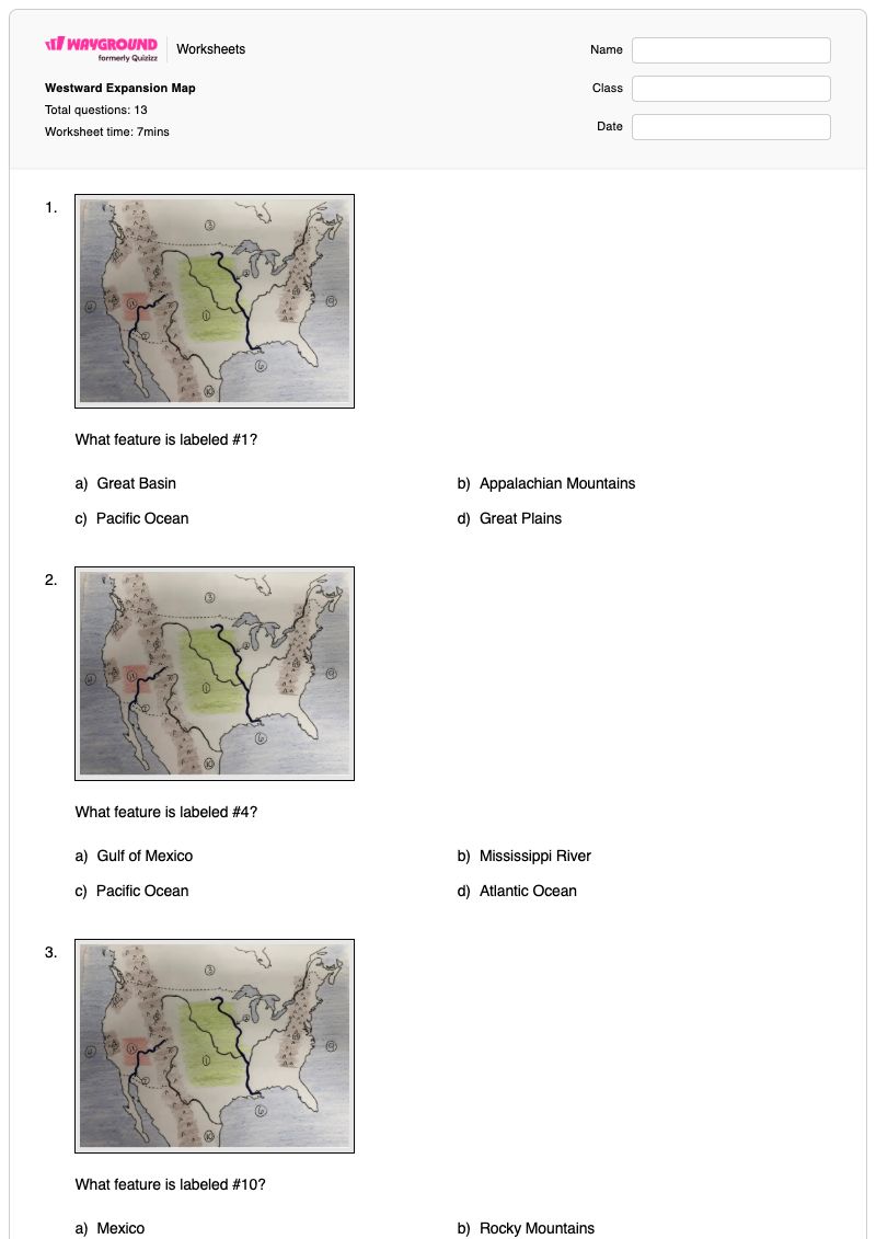 Westward Expansion Map - พิมพ์ได้ การขยายตัวไปทางทิศตะวันตก เวิร์กชีท - Wayground