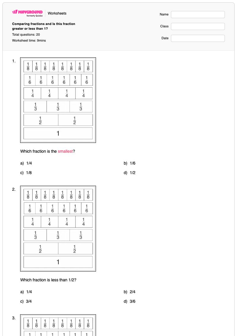 Comparing fractions and Is this fraction greater or less than 1? - Printable Fractions Worksheets - Wayground