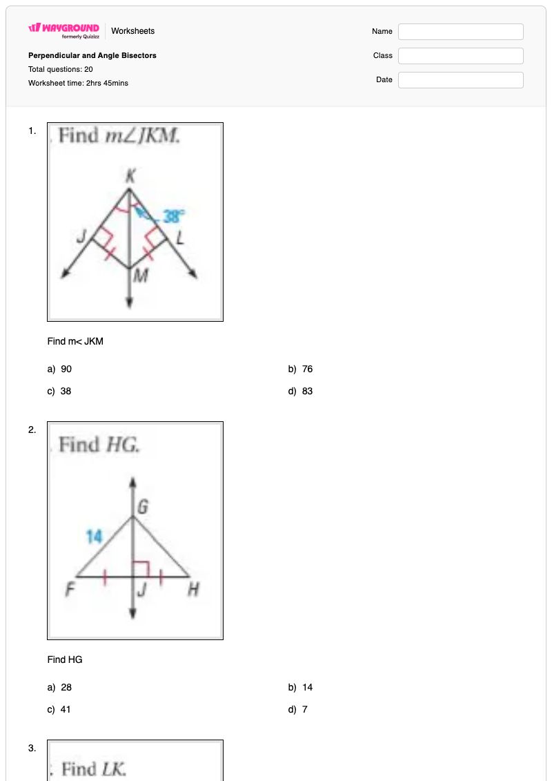 Perpendicular and Angle Bisectors - พิมพ์ได้ เส้นแบ่งครึ่งตั้งฉาก เวิร์กชีท - Wayground