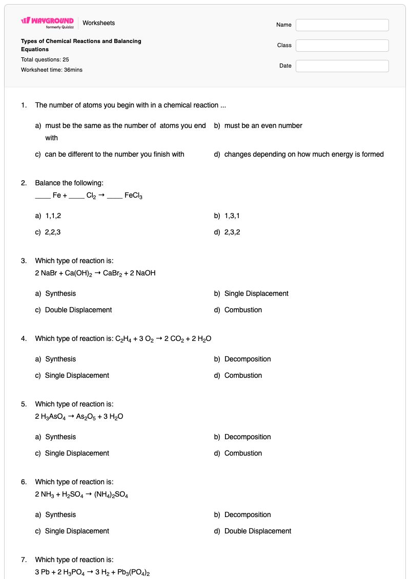 Types of Chemical Reactions and Balancing Equations - พิมพ์ได้ Equation-balancing เวิร์กชีท - Wayground