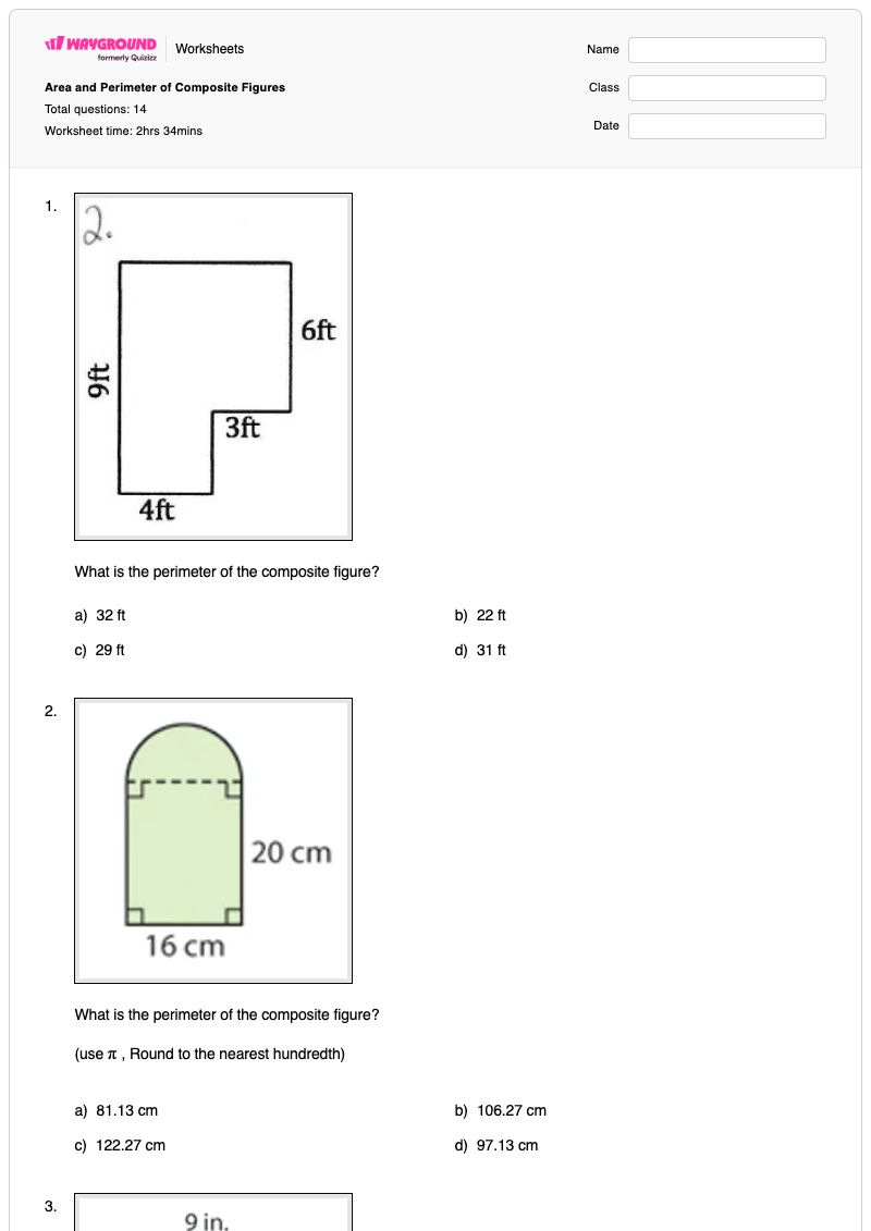 Area and Perimeter of Composite Figures - พิมพ์ได้ พื้นที่และปริมณฑล เวิร์กชีท - Wayground