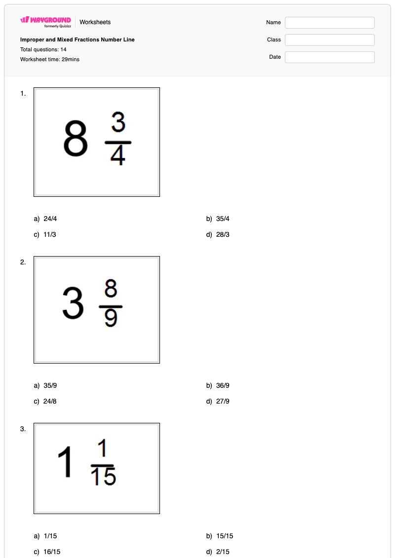 Improper and Mixed Fractions Number Line - พิมพ์ได้ จำนวนคละบนเส้นจำนวน เวิร์กชีท - Wayground