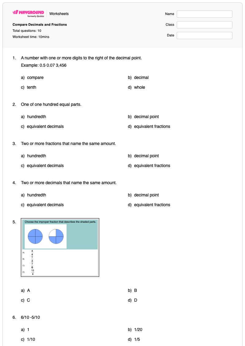Compare Decimals and Fractions - Printable Fractions Worksheets - Wayground