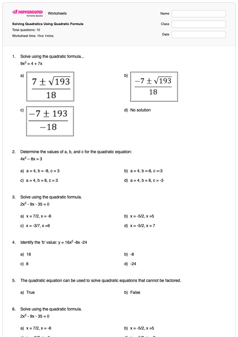 Solving Quadratics Using Quadratic Formula  - Printable Math Worksheets - Wayground