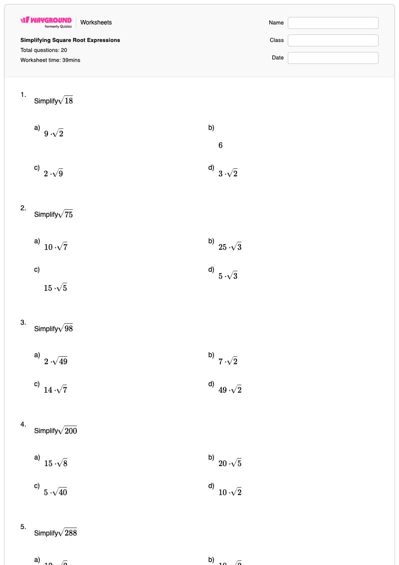 Simplifying Square Root Expressions - พิมพ์ได้ Rationalizing-the-denominator เวิร์กชีท ระดับ 10 - Wayground
