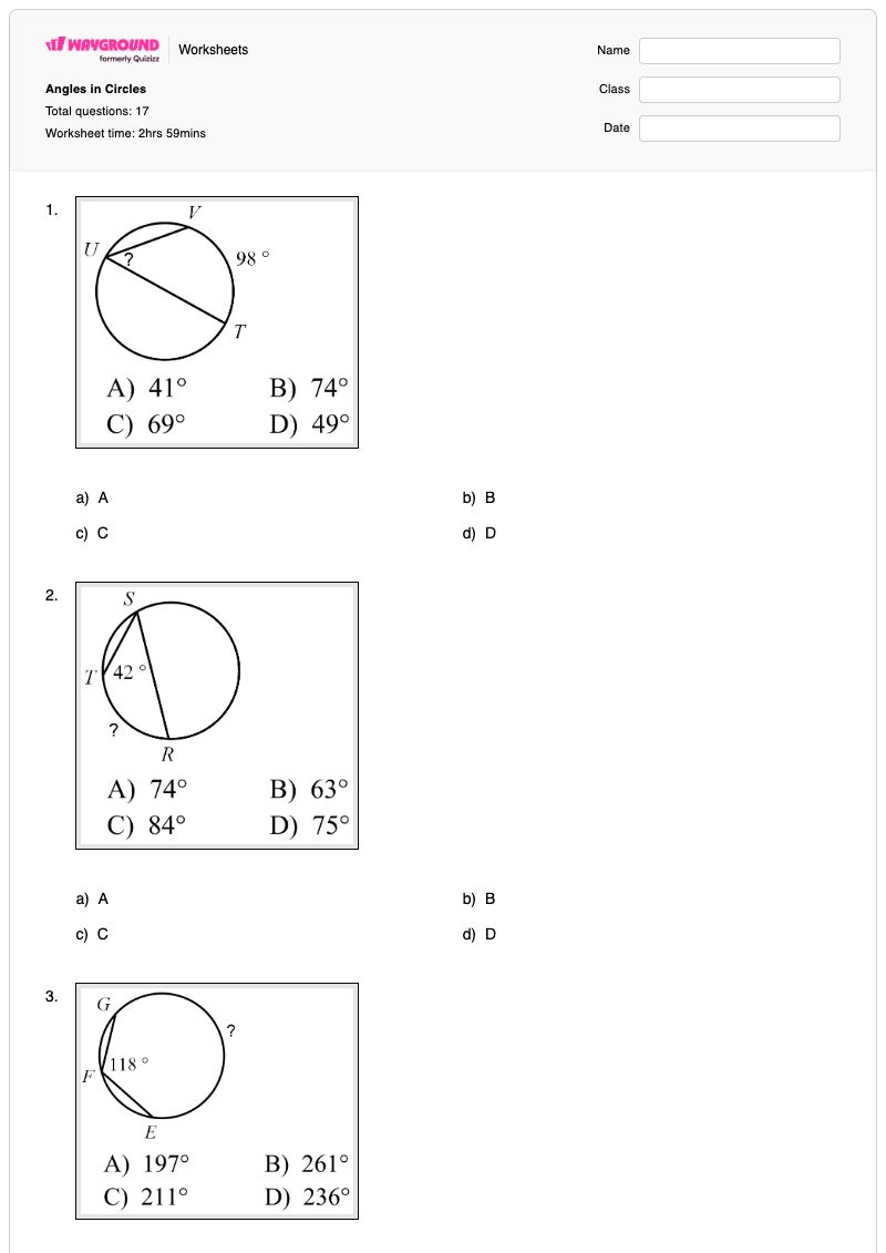 Angles in Circles - พิมพ์ได้ Arcs เวิร์กชีท - Wayground