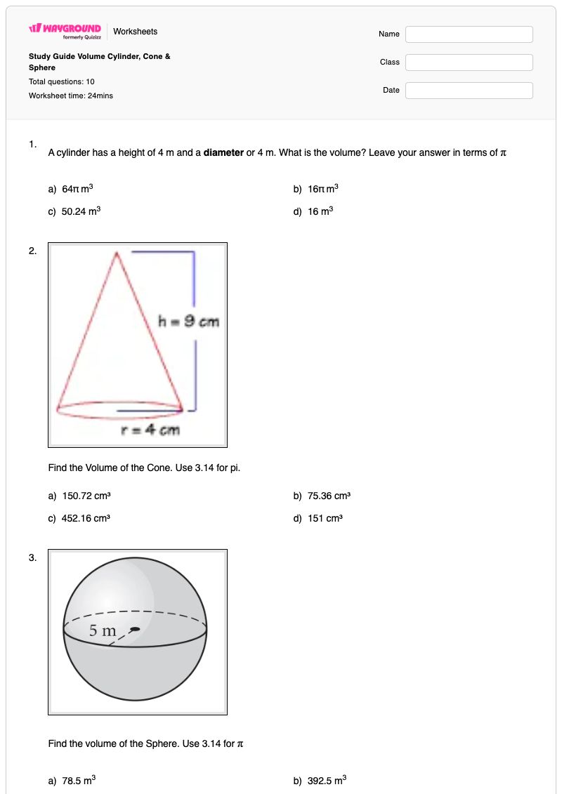 Study Guide Volume Cylinder, Cone & Sphere - พิมพ์ได้ ปริมาตรของกระบอกสูบ เวิร์กชีท - Wayground