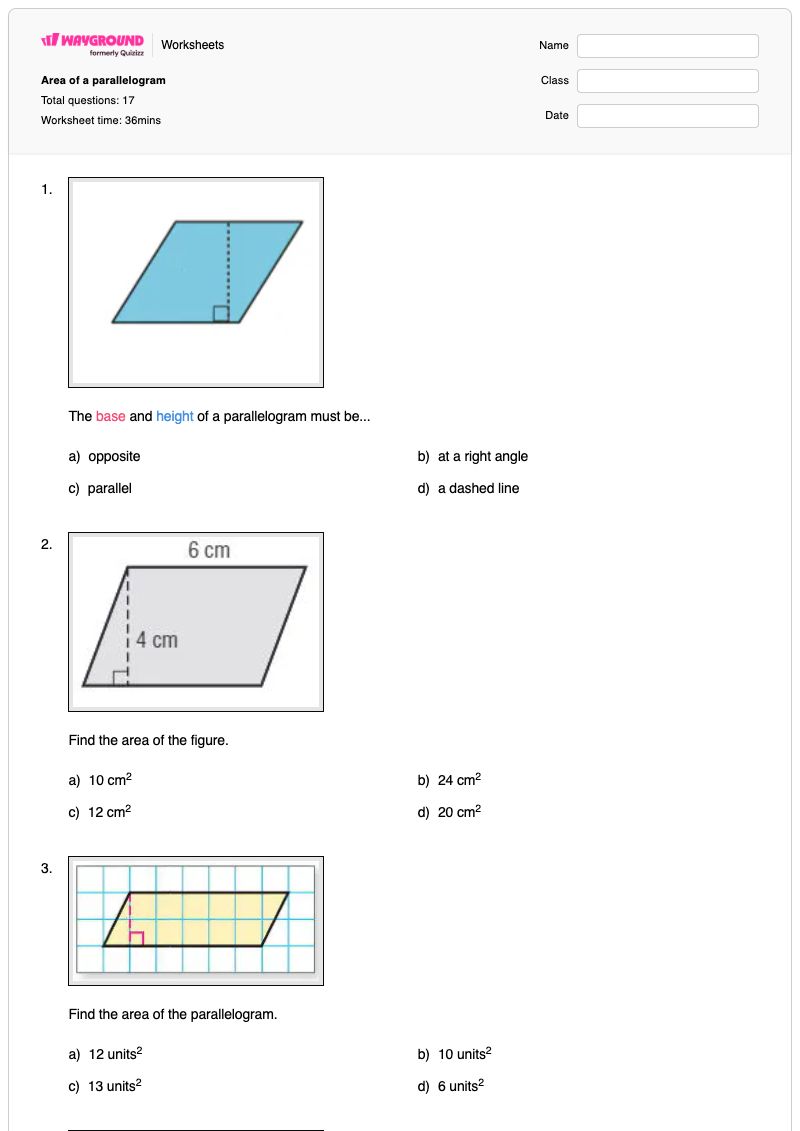Area of a parallelogram - Printable Area-of-a-parallelogram Worksheets - Wayground