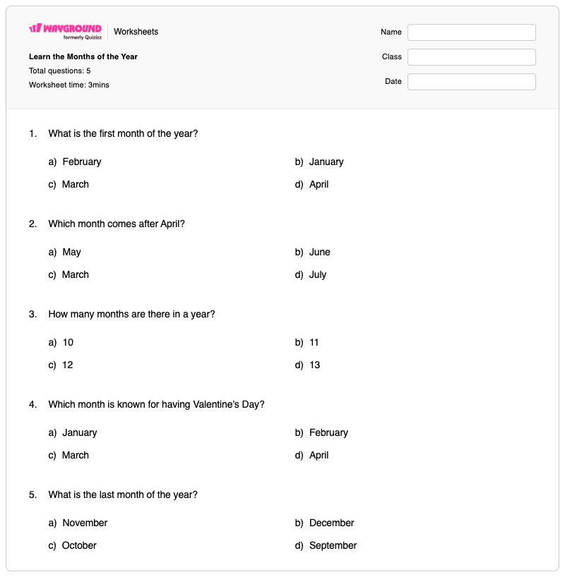 Learn the Months of the Year - Printable Months-of-the-year Worksheets - Wayground