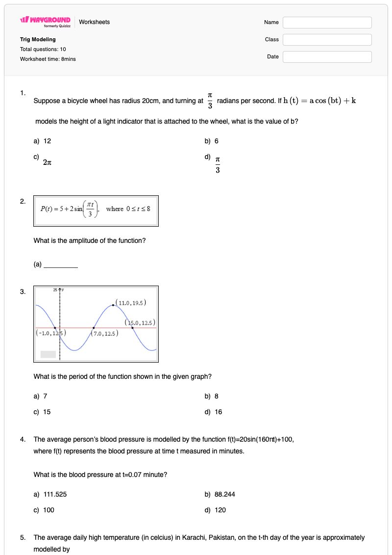 Trig Modeling - Printable Functions Worksheets - Wayground