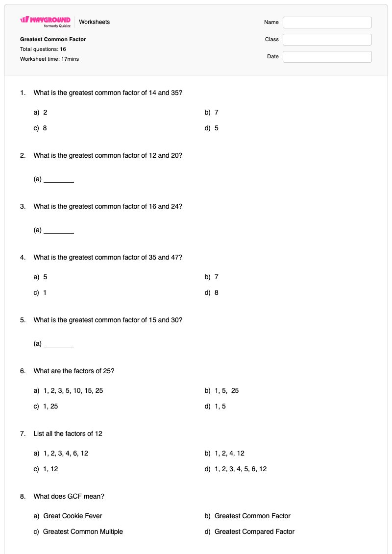 Greatest Common Factor - Printable Greatest-common-factor-gcf-of-monomials Worksheets Class 6 - Wayground