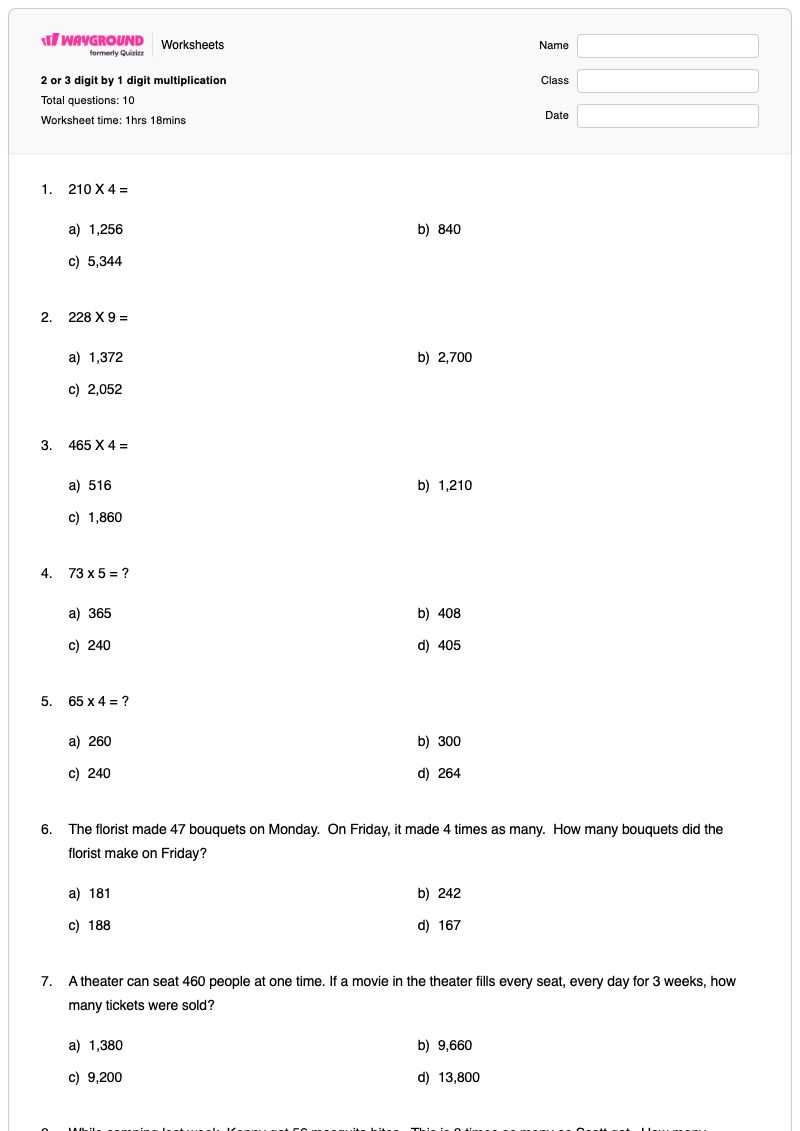 2 or 3 digit  by 1 digit multiplication - Printable Multiplication Worksheets - Wayground