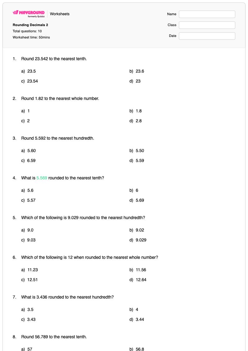 Rounding Decimals 2 - Printable Tenths-and-hundredths Worksheets - Wayground