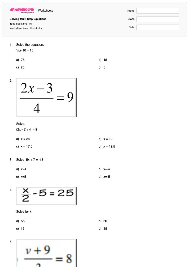 Solving Multi-Step Equations - พิมพ์ได้ สมการหลายขั้นตอน เวิร์กชีท - Wayground