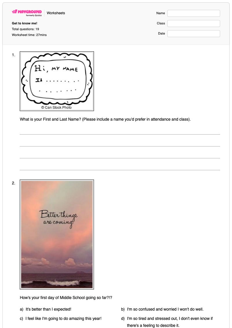 Get to know me! - Printable Math Worksheets Year 7 - Wayground