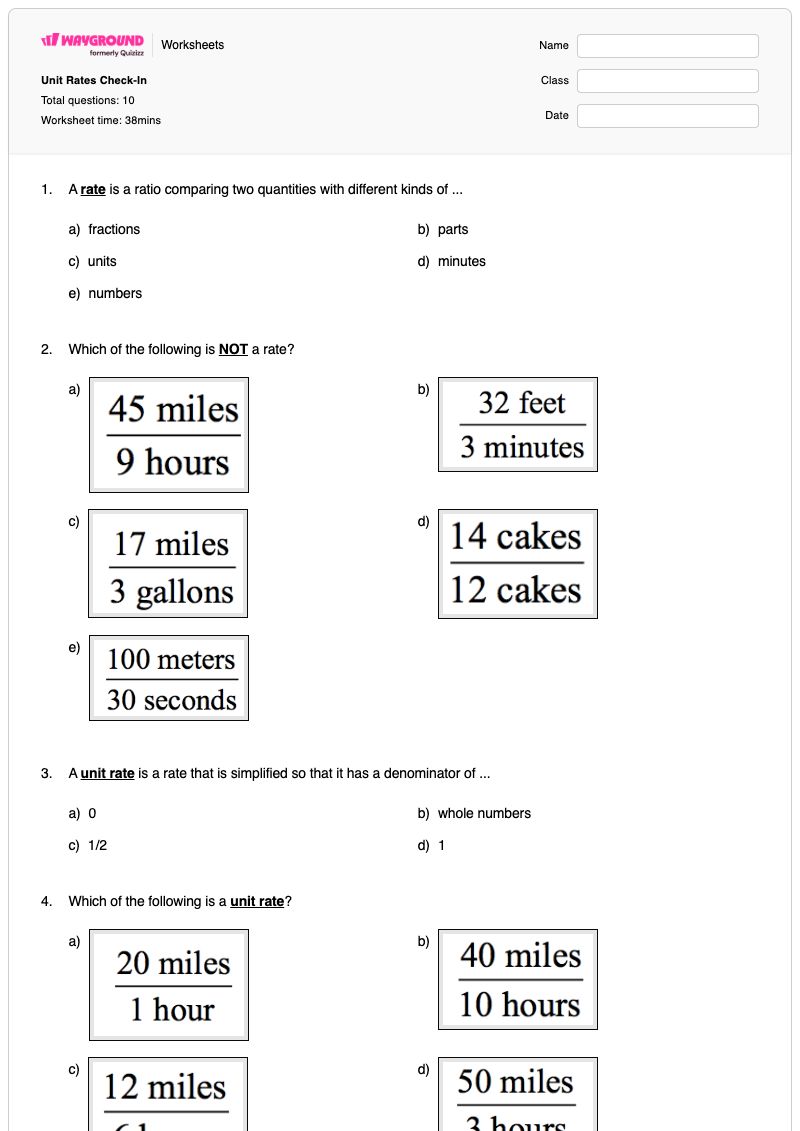 Unit Rates Check-In - Printable Math Worksheets - Wayground