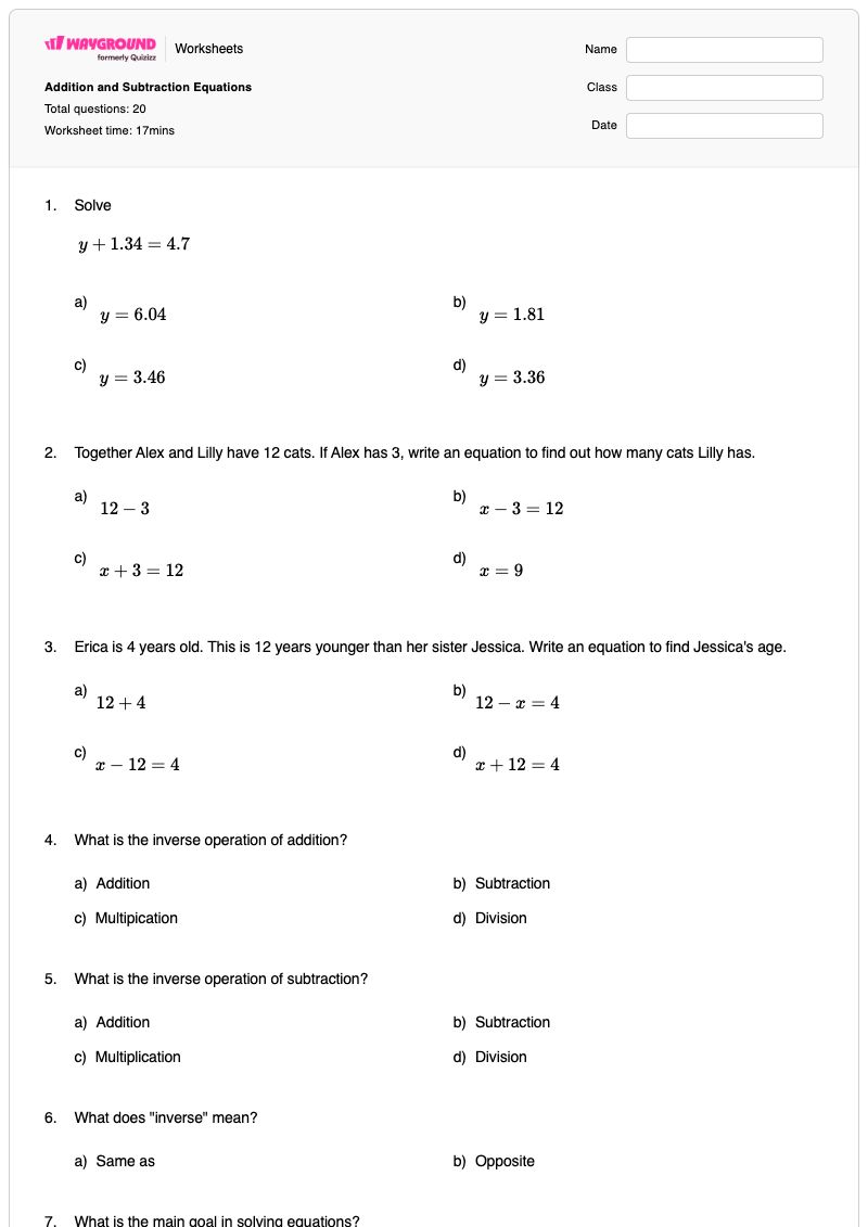 Addition and Subtraction Equations - พิมพ์ได้ Addition-and-subtraction เวิร์กชีท - Wayground
