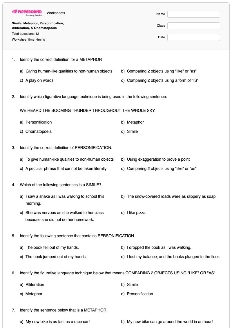 Simile, Metaphor, Personification, Alliteration, & Onomatopoeia - Printable Metaphors Worksheets Year 7 - Wayground