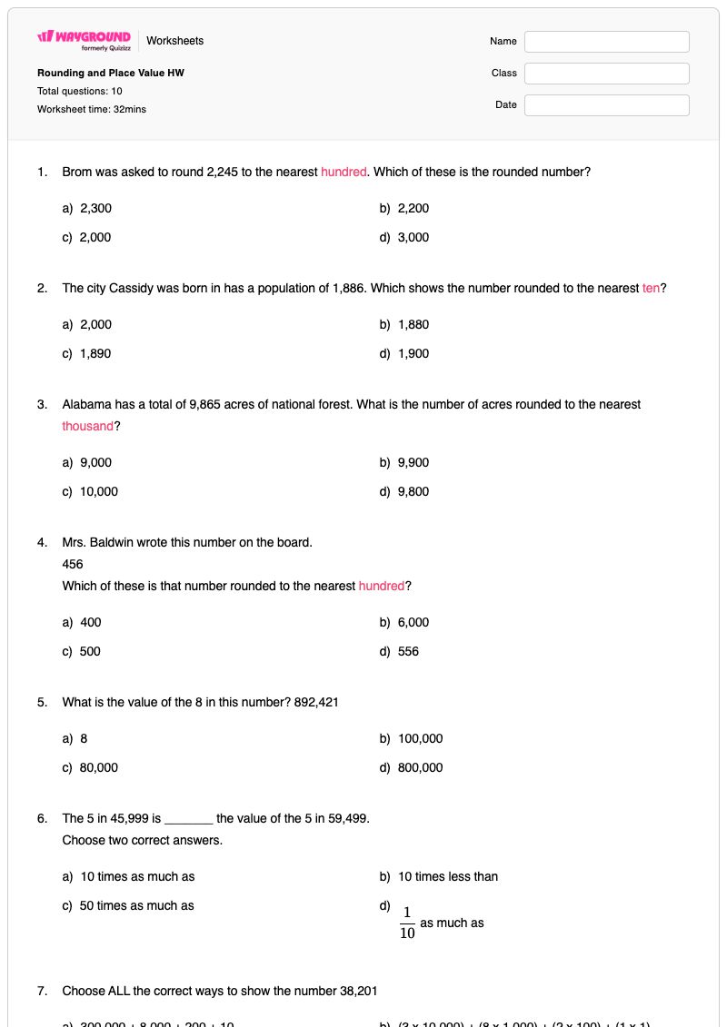 Rounding and Place Value HW - พิมพ์ได้ การปัดเศษและค่าประจำหลัก เวิร์กชีท - Wayground