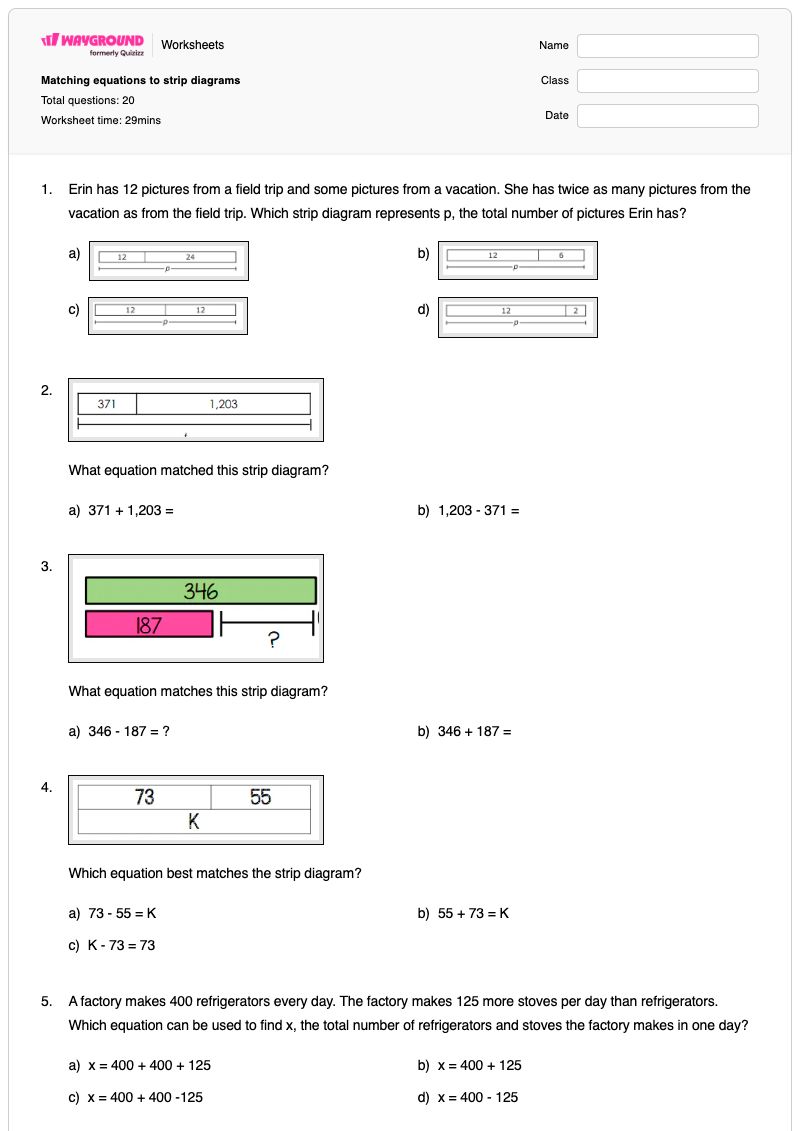 Matching equations to strip diagrams - พิมพ์ได้ Addition-and-subtraction เวิร์กชีท - Wayground