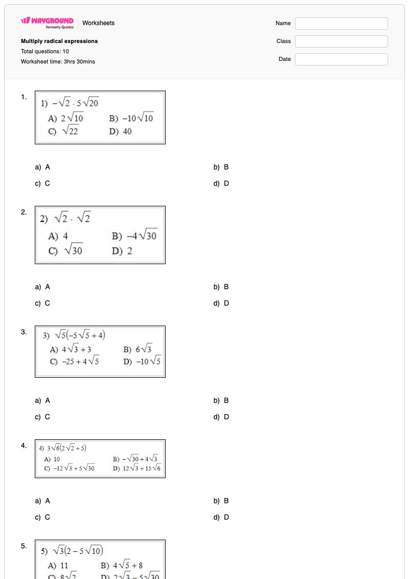 Multiply radical expressions - พิมพ์ได้ การแสดงออก เวิร์กชีท - Wayground