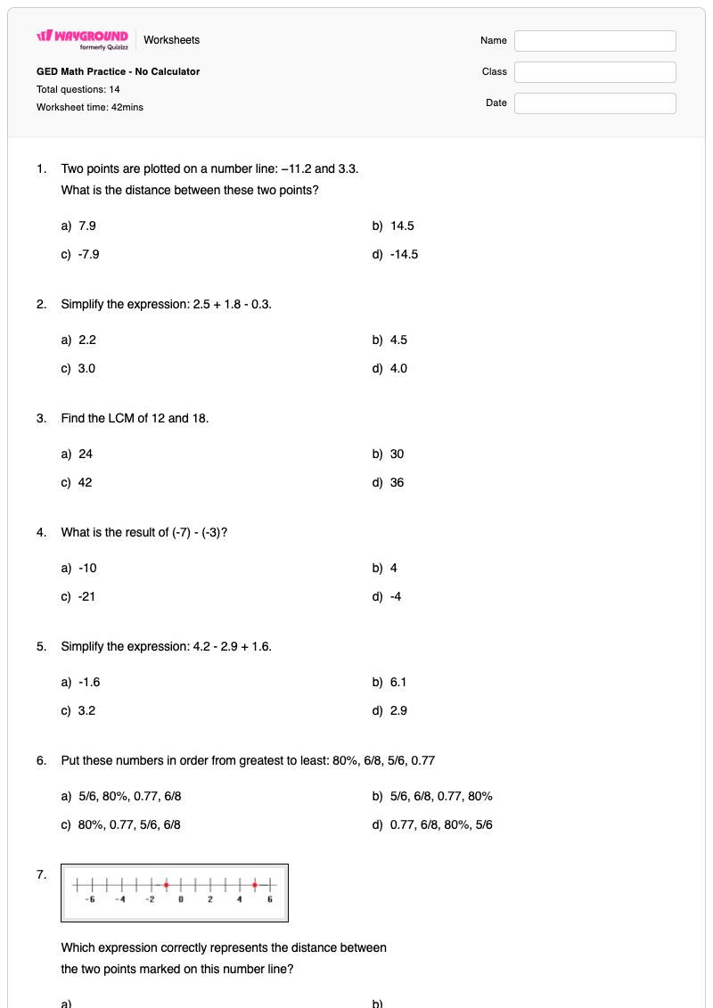 GED Math Practice - No Calculator - Printable Math Worksheets - Wayground