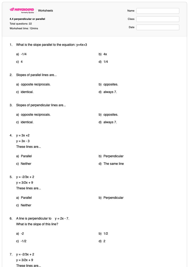 4.4 perpendicular or parallel - พิมพ์ได้ เส้นขนานและเส้นตั้งฉาก เวิร์กชีท - Wayground