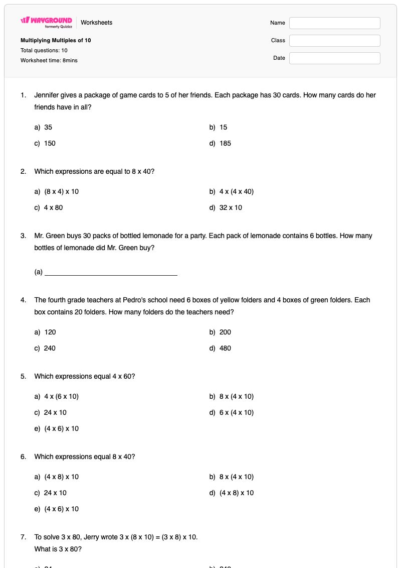 Multiplying Multiples of 10 - Printable Multiples-of-10 Worksheets - Wayground