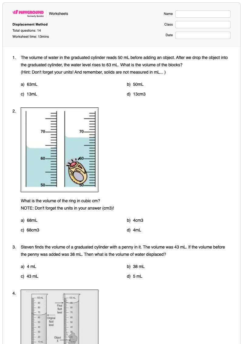 Displacement Method - พิมพ์ได้ การเคลื่อนย้าย เวิร์กชีท ระดับ 6 - Wayground
