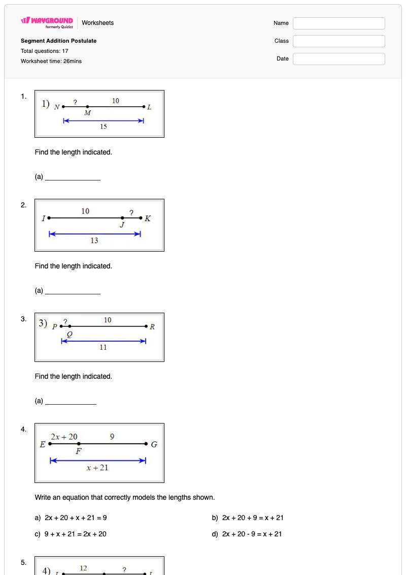 Segment Addition Postulate - Printable The-basics Worksheets - Wayground