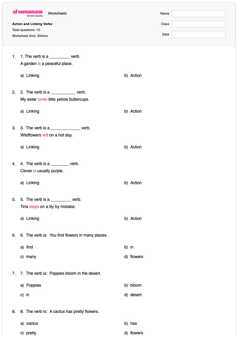 Action and Linking Verbs - พิมพ์ได้ คำกริยาแสดงการกระทำ เวิร์กชีท - Wayground