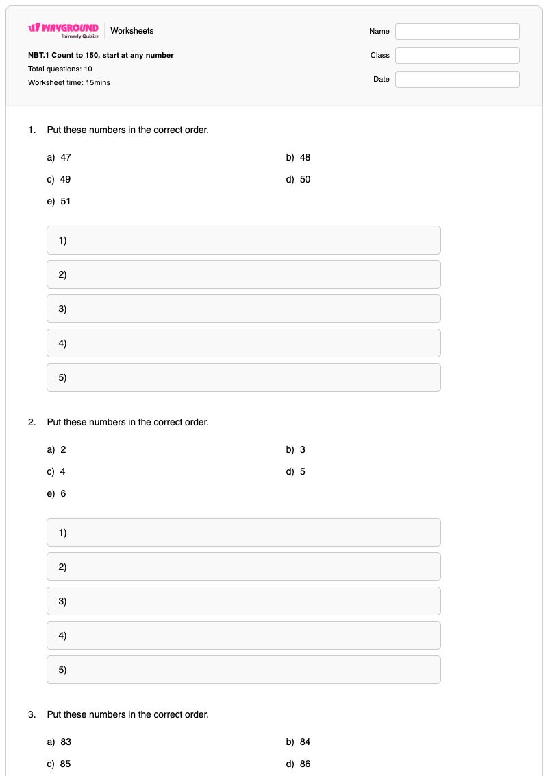 NBT.1 Count to 150, start at any number - พิมพ์ได้ Number-sequencing เวิร์กชีท ระดับ 1 - Wayground