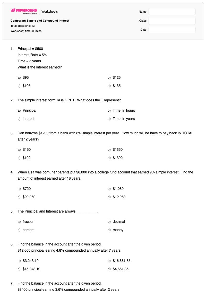 Comparing Simple and Compound Interest - พิมพ์ได้ ดอกเบี้ยแบบง่าย เวิร์กชีท - Wayground