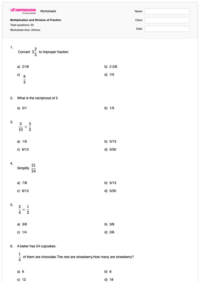 Multiplication and Division of Fraction - Printable Fractions Worksheets - Wayground