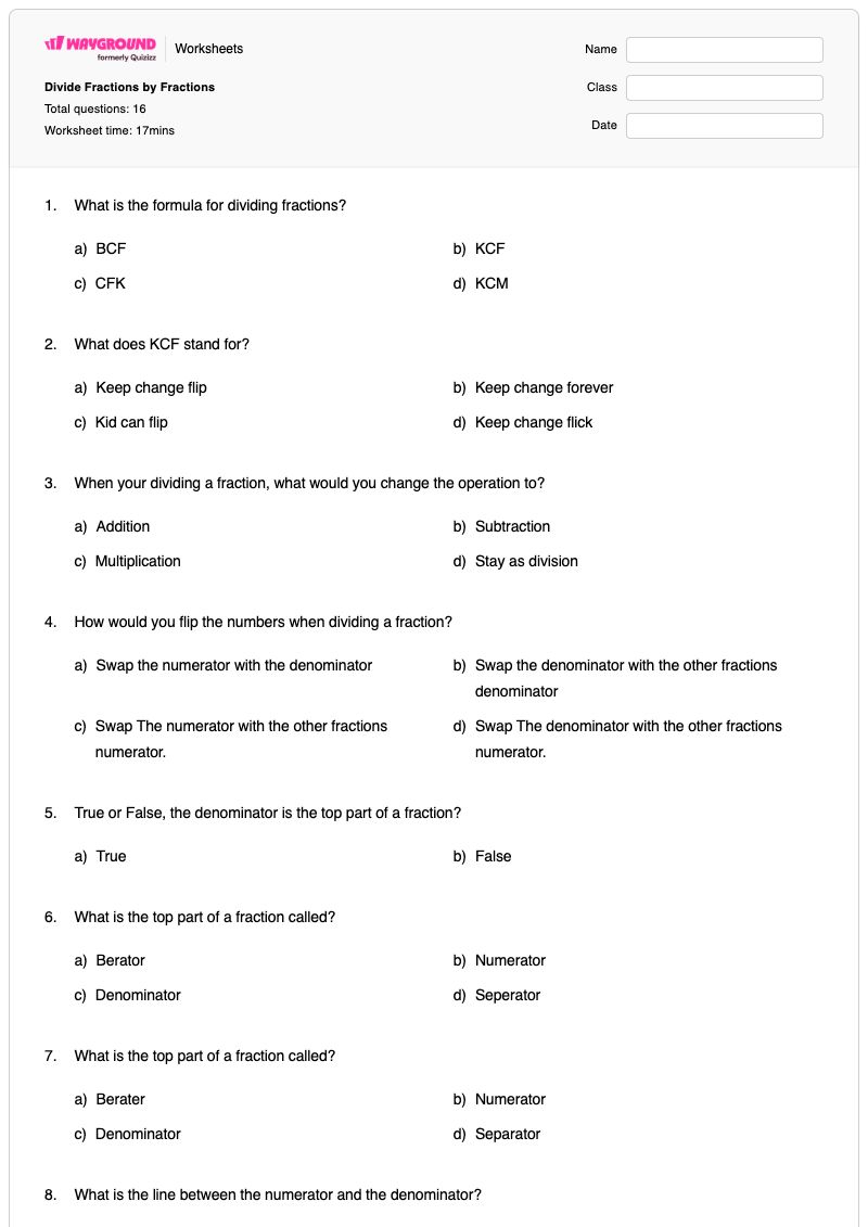 Divide Fractions by Fractions - Printable Fractions Worksheets - Wayground