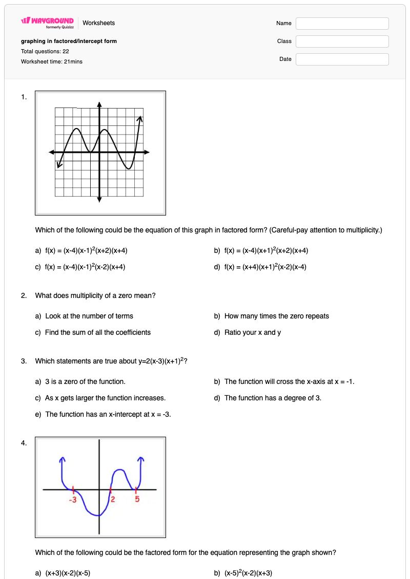 graphing in factored/intercept form - Printable Characteristics-of-polynomials Worksheets Year 12 - Wayground