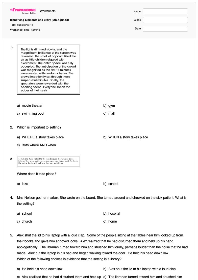 Identifying Elements of a Story (5th Agunod) - พิมพ์ได้ องค์ประกอบของเรื่องราว เวิร์กชีท - Wayground