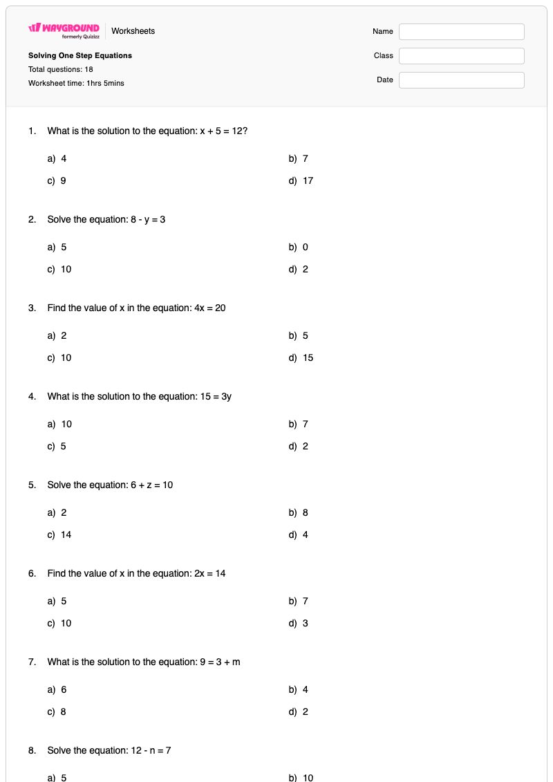 Solving One Step Equations - พิมพ์ได้ การแก้สมการอสมการ เวิร์กชีท - Wayground