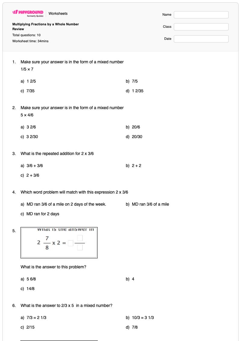 Multiplying Fractions by a Whole Number Review - Printable Multiplying-whole-numbers-and-mixed-numbers Worksheets - Wayground