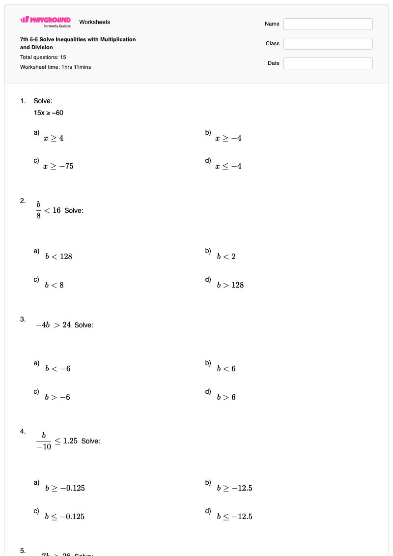 7th 5-5 Solve Inequalities with Multiplication and Division - พิมพ์ได้ การแก้สมการอสมการ เวิร์กชีท - Wayground